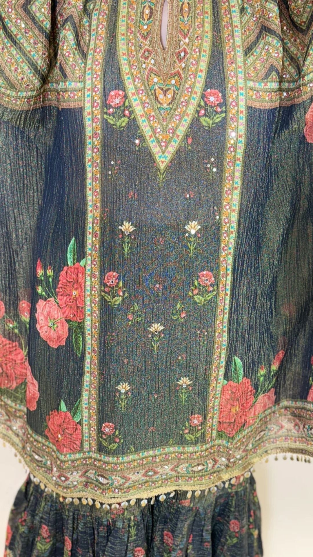 Blue Digital Print Tissue Kaftan and Gharara with Mirror Work