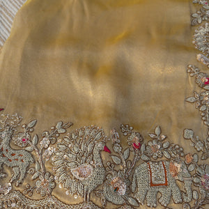 Golden Tissue Saree Embellished With Moti, Zari, Sequins & Cut Dana Work