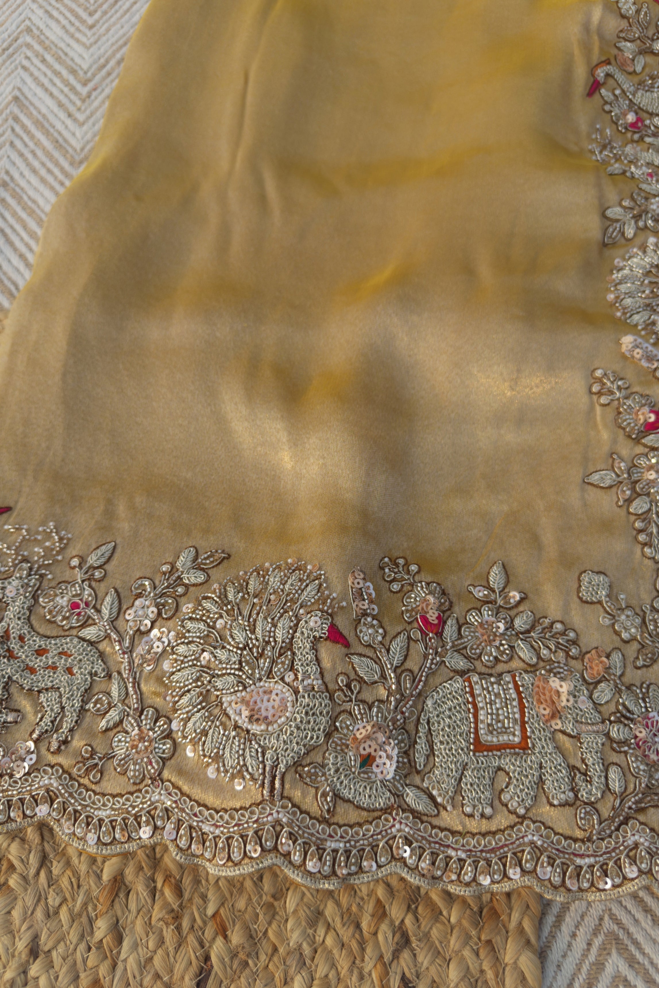 Golden Tissue Saree Embellished With Moti, Zari, Sequins & Cut Dana Work