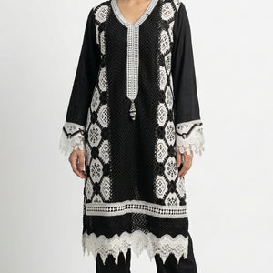 Black Muslin Suit with Stone & Lace Detailing
