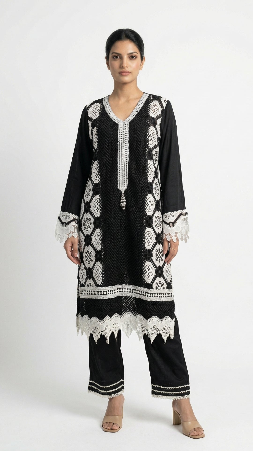 Black Muslin Set with Stone & Lace Detailing