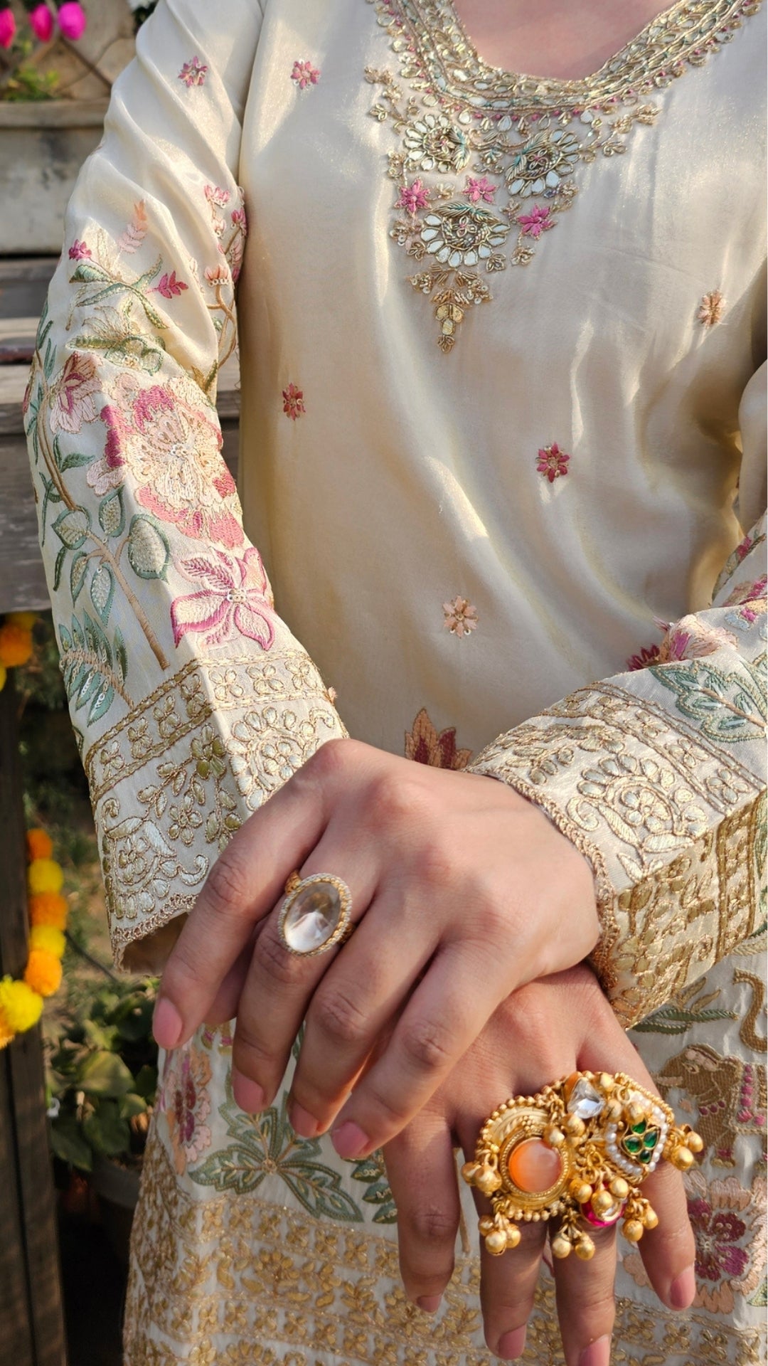 Cream Tissue Indo-Western with Dabka, Cutdana, Zari, Sequin & Resham Work