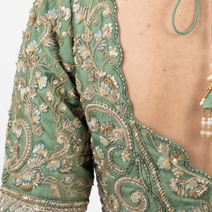 Sage Green Silk Saree with Stitched Blouse and Zari, Cutdana & Sequins Work