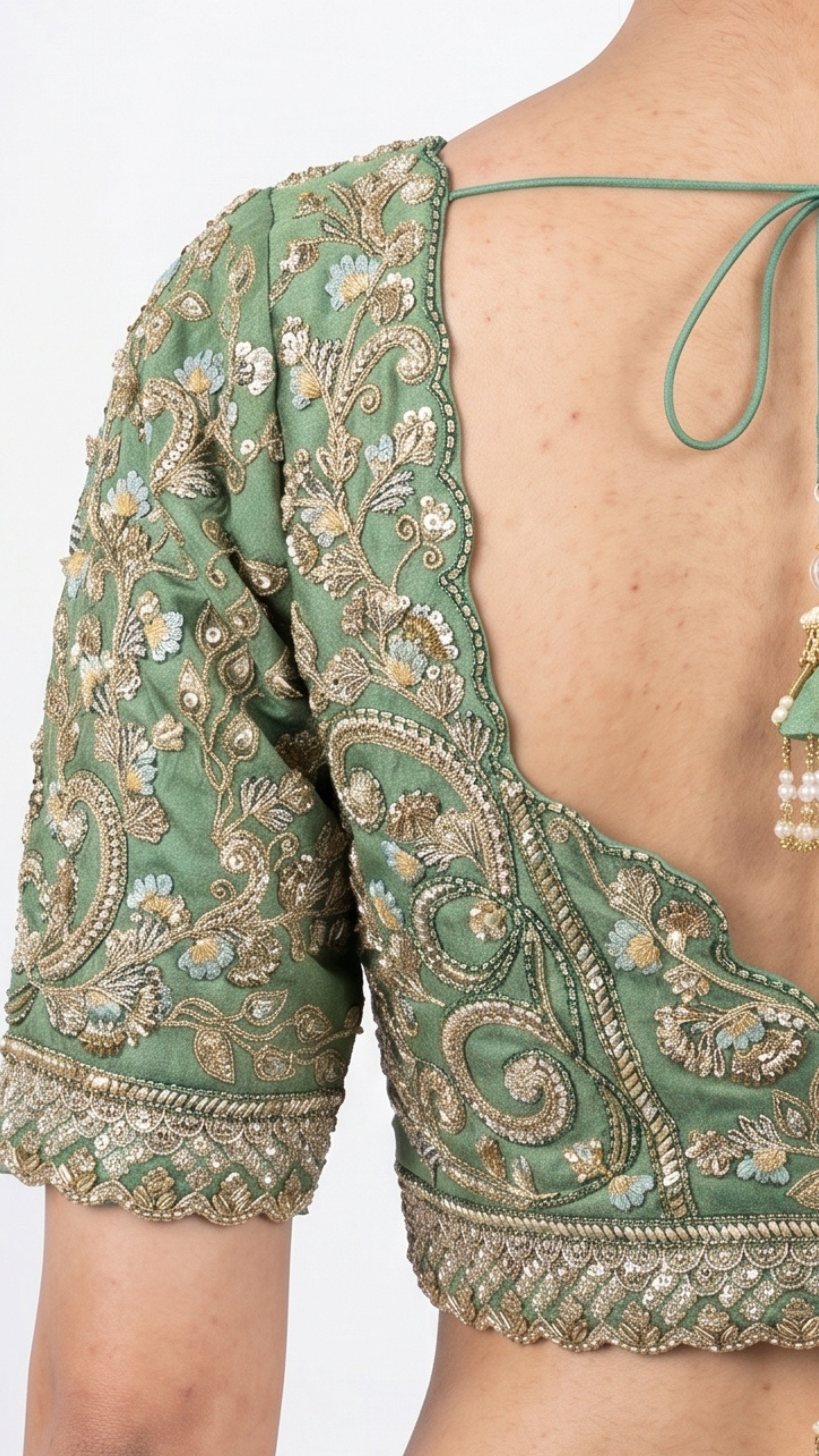 Sage Green Silk Saree with Stitched Blouse and Zari, Cutdana & Sequins Work