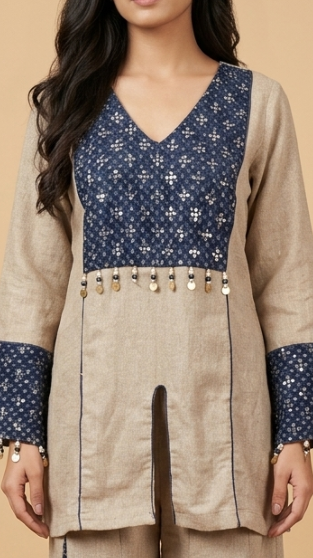 Beige and Blue Jute Coord Set with Sequins Work