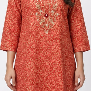 Red Muslin Cotton Block & Gold Print Suit with Dabka, Seqiuns & Gota Patti Detailing