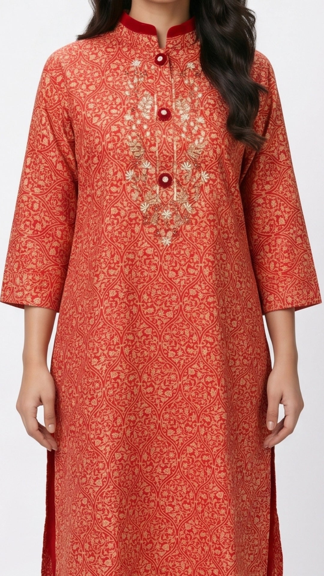 Red Muslin Cotton Block & Gold Print Suit with Dabka, Seqiuns & Gota Patti Detailing