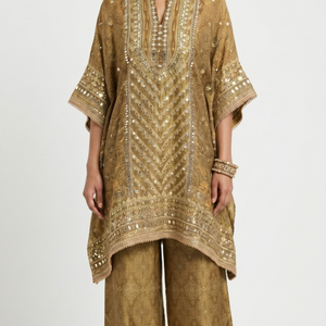 Golden Digital Printed Tissue Kaftan Style Co-ord Set with Gotta Patti & Sequins Work