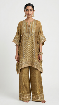 Golden Digital Printed Tissue Kaftan Style Co-ord Set with Gotta Patti & Sequins Work