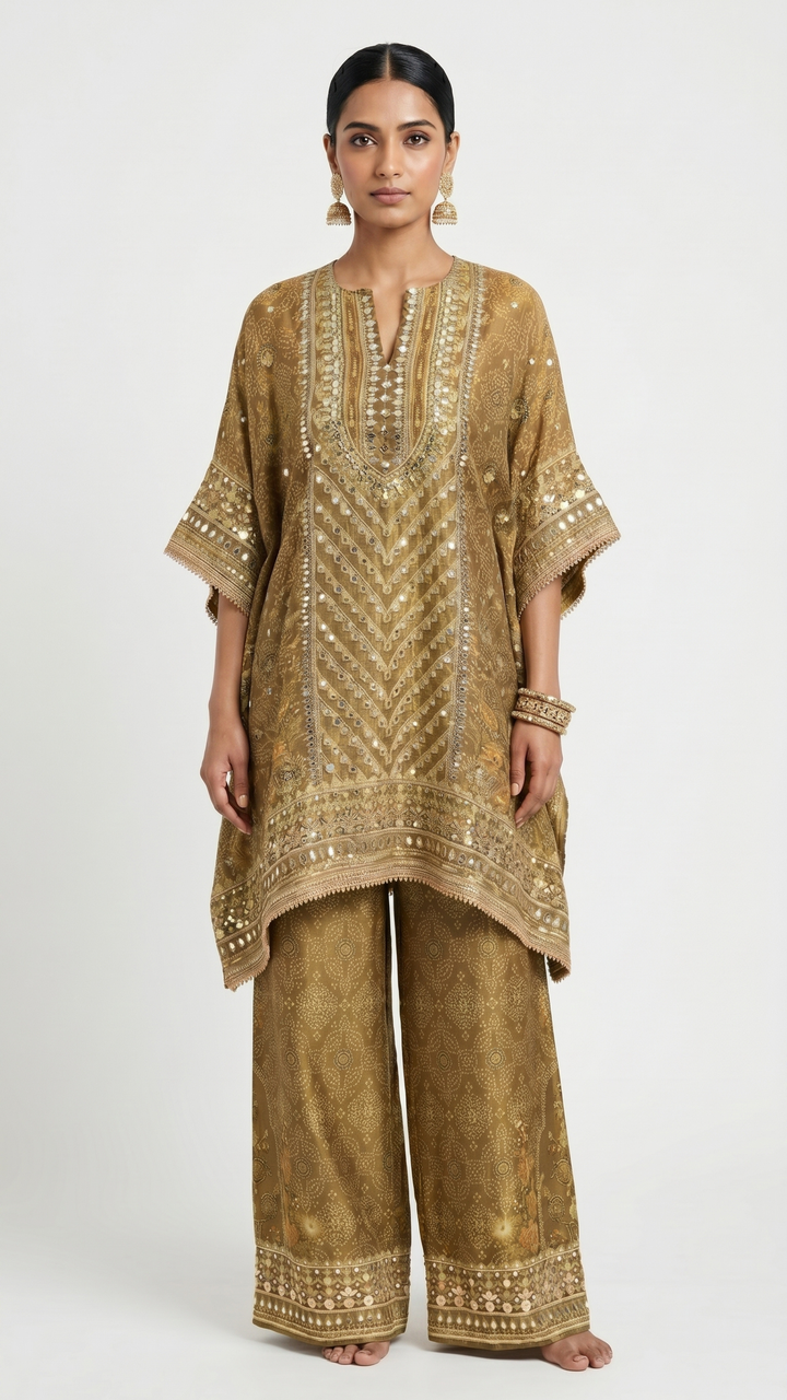 Golden Digital Printed Tissue Kaftan Style Co-ord Set with Gotta Patti & Sequins Work