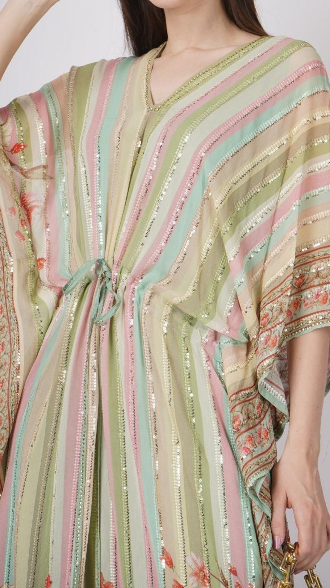 Multicolor Green Georgette Kaaftan with Mirror and Sequins Work