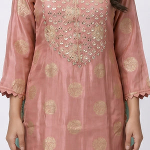 Pink Banarasi Tissue Suit with Mirror, Dabka & Moti Detailing