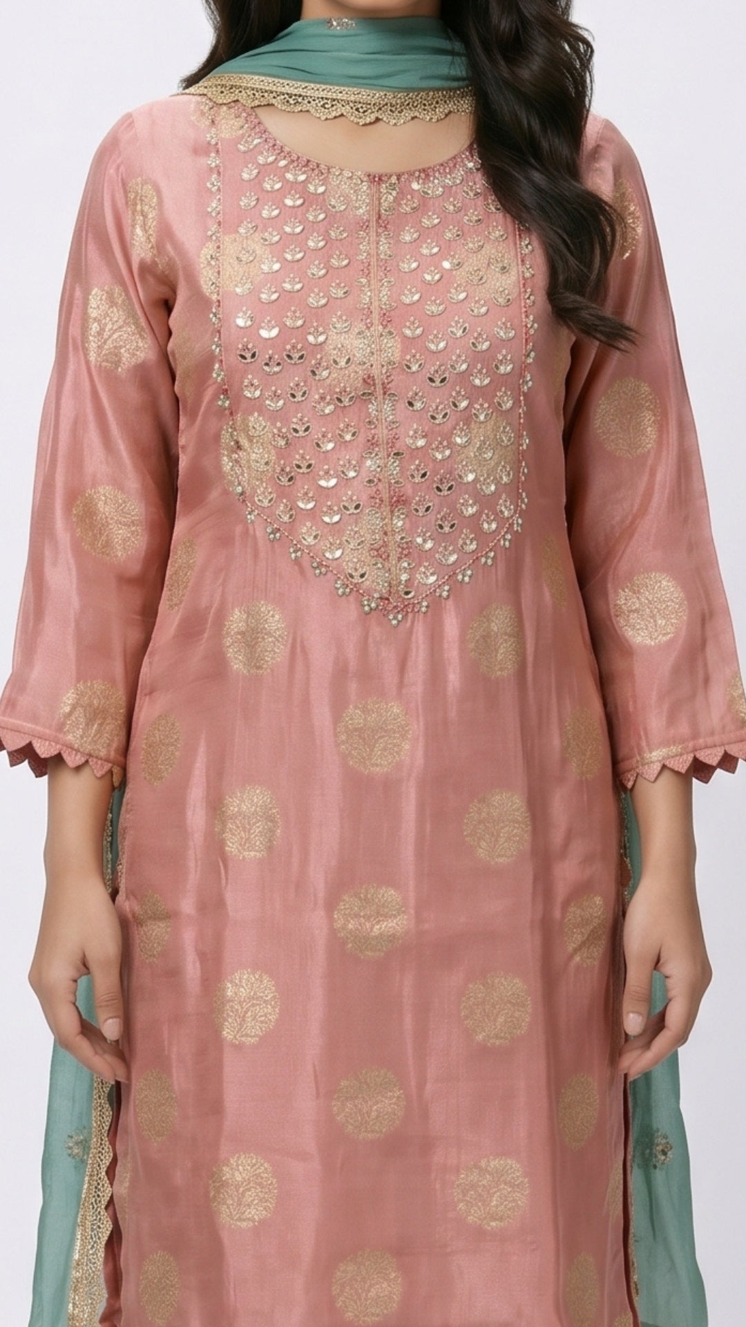 Pink Banarasi Tissue Suit with Mirror, Dabka & Moti Detailing