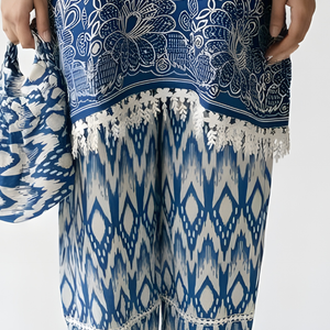 Blue Handloom Cotton Coord Set with Moti, Sequin & Lace Detailing