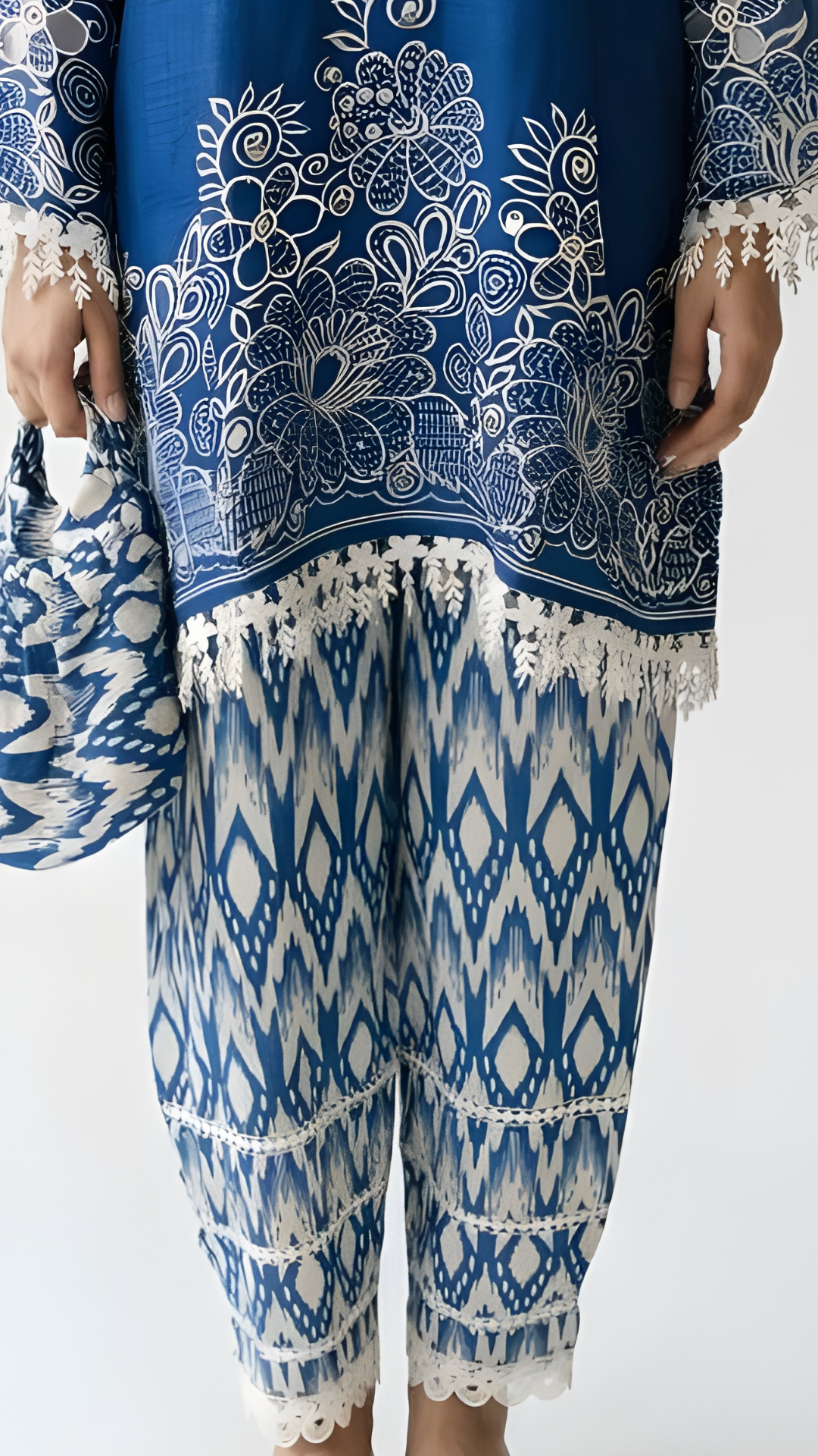 Blue Handloom Cotton Coord Set with Moti, Sequin & Lace Detailing