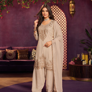 Chiku Tissue Suit, Farshi Salwar And Dupatta with Cutdana, Sequins and Zari Work