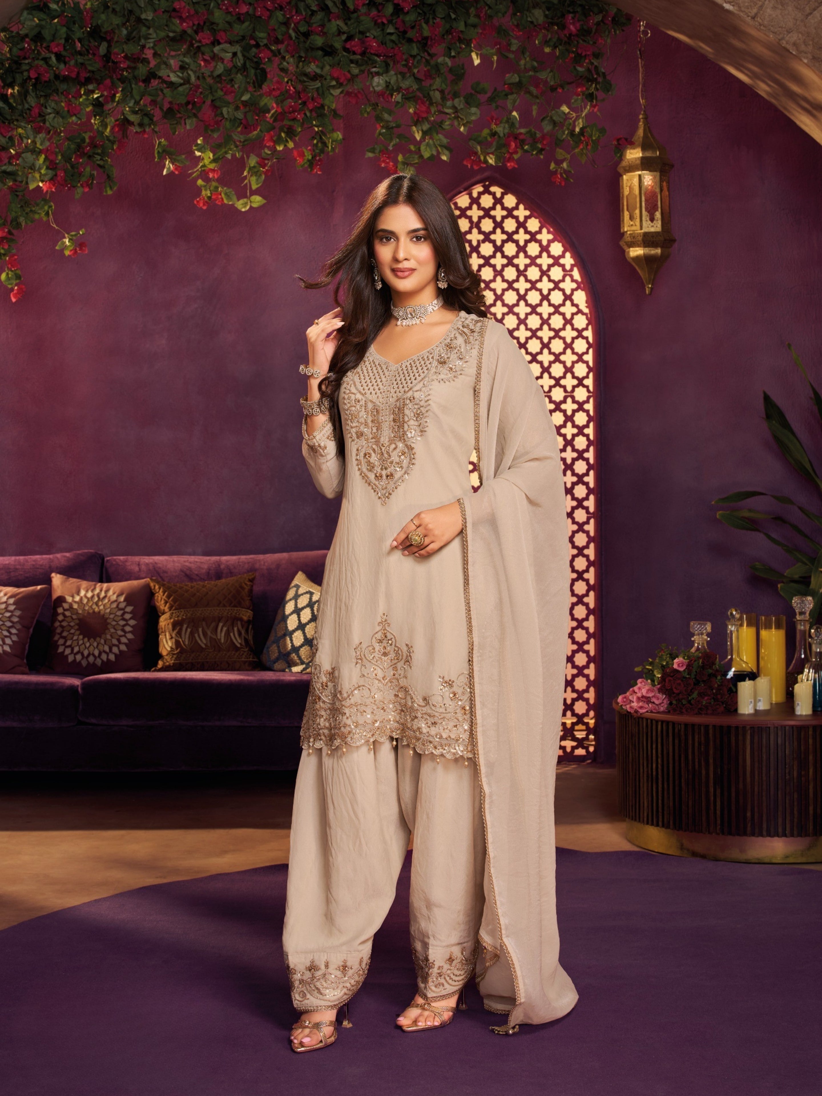 Chiku Tissue Suit, Farshi Salwar And Dupatta with Cutdana, Sequins and Zari Work
