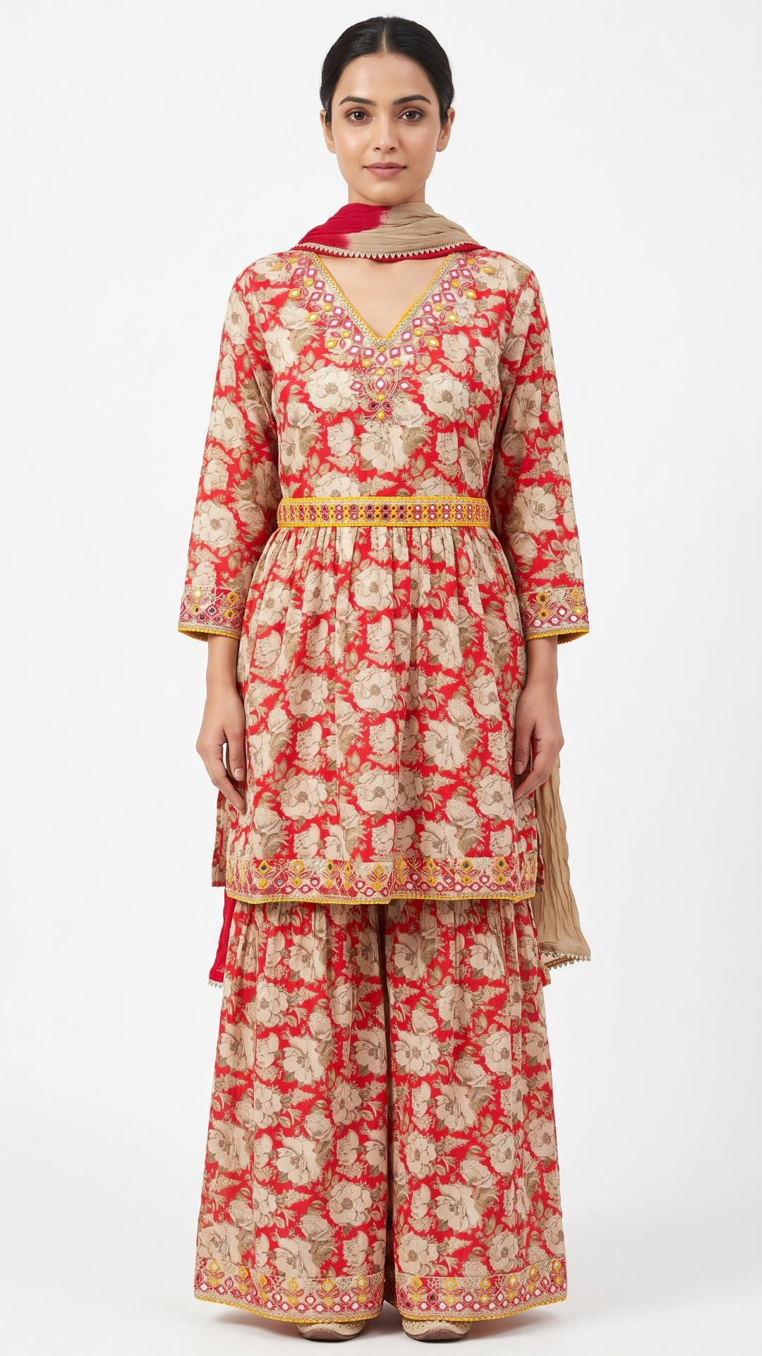 Green Cotton Peplum , Thread Work With Mirror Work & Zari Sequins Red