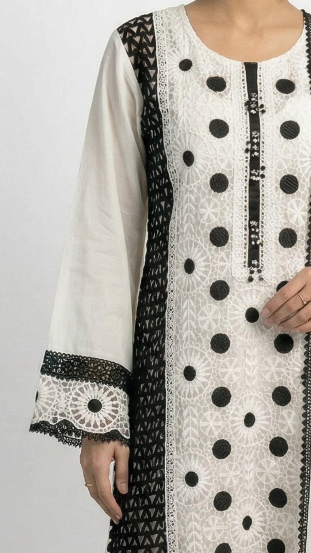 White Muslin Suit with Stone & Lace Detailing