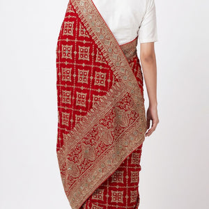 Red Bridal Satin Unstitched Saree with Zarkan & Cut Dana Work
