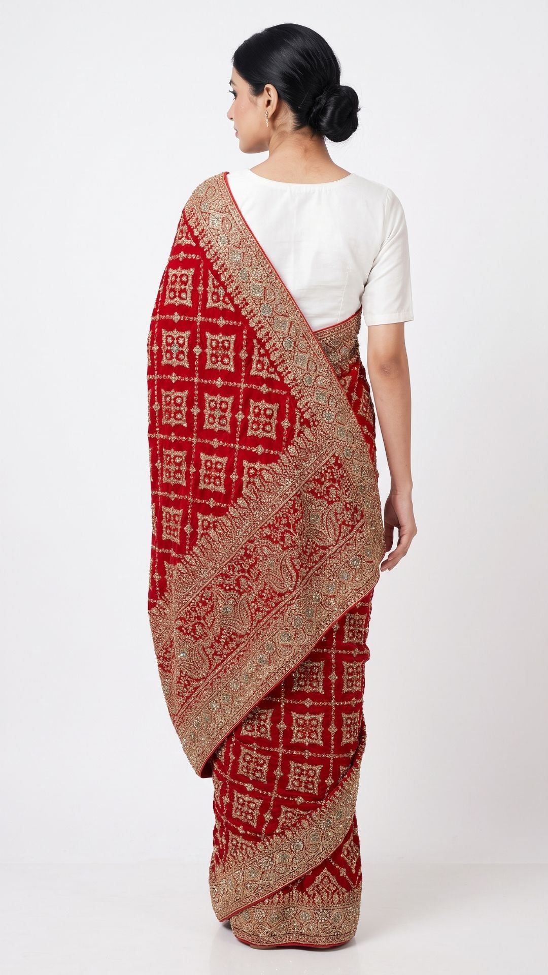 Red Bridal Satin Unstitched Saree with Zarkan & Cut Dana Work