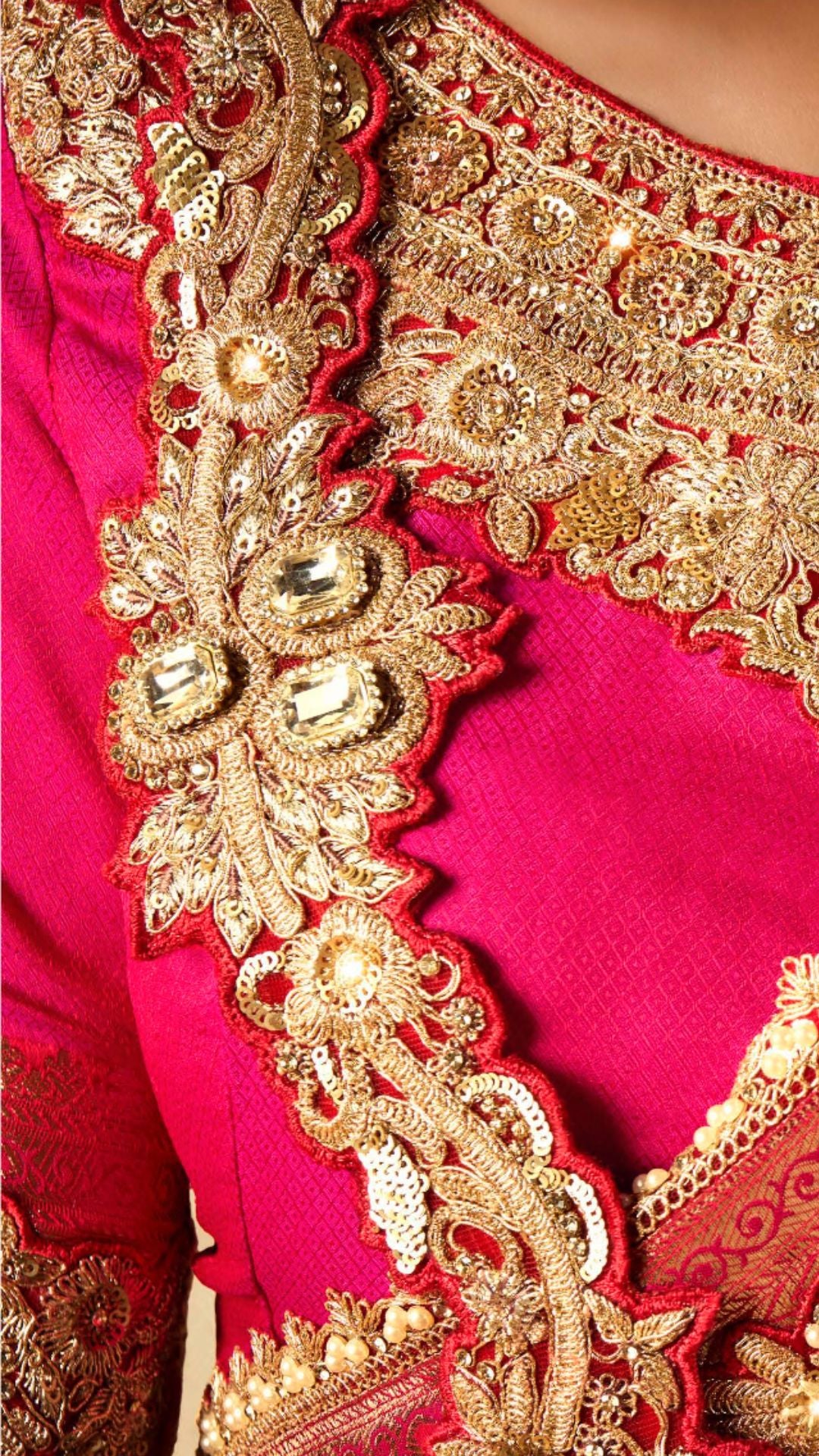 Red Satin Embroidered Saree With Rani Blouse