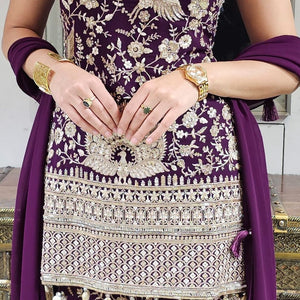 Purple Georgette Indowestern Top and Bottom with Resham,Cutdana, Pearl and Sequins Work and Dupatta