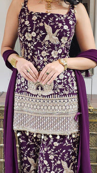 Purple Georgette Indowestern Top and Bottom with Resham,Cutdana, Pearl and Sequins Work and Dupatta