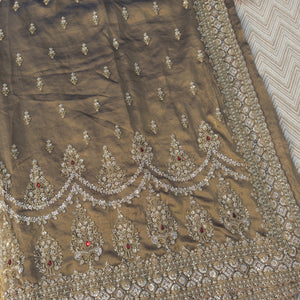 Dusty Brown Green Tissue Saree Embellished With Moti, Sequins & Cut Dana Work