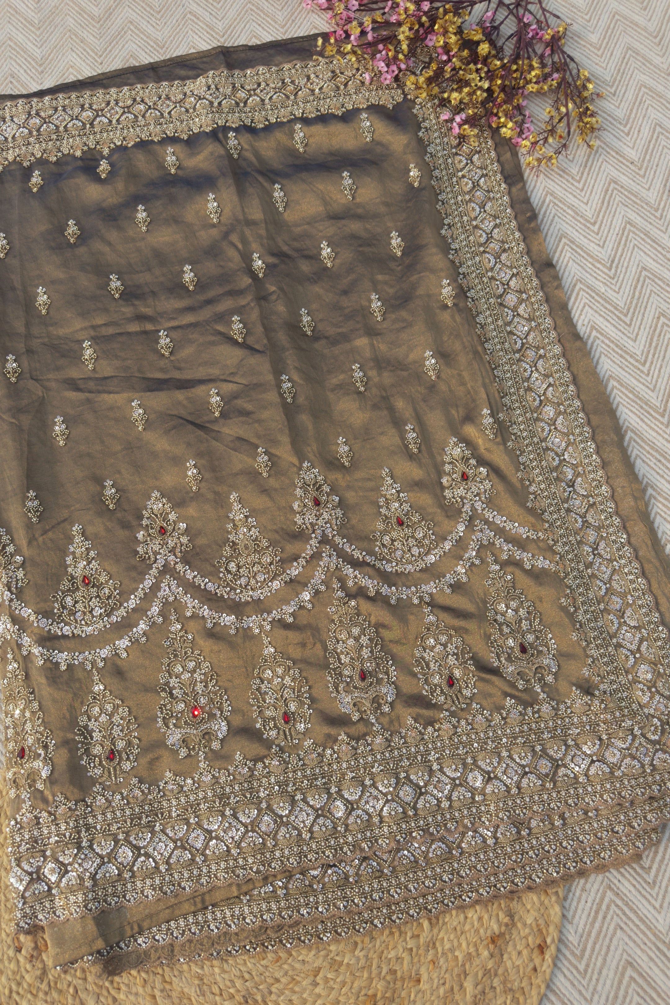 Dusty Brown Green Tissue Saree Embellished With Moti, Sequins & Cut Dana Work