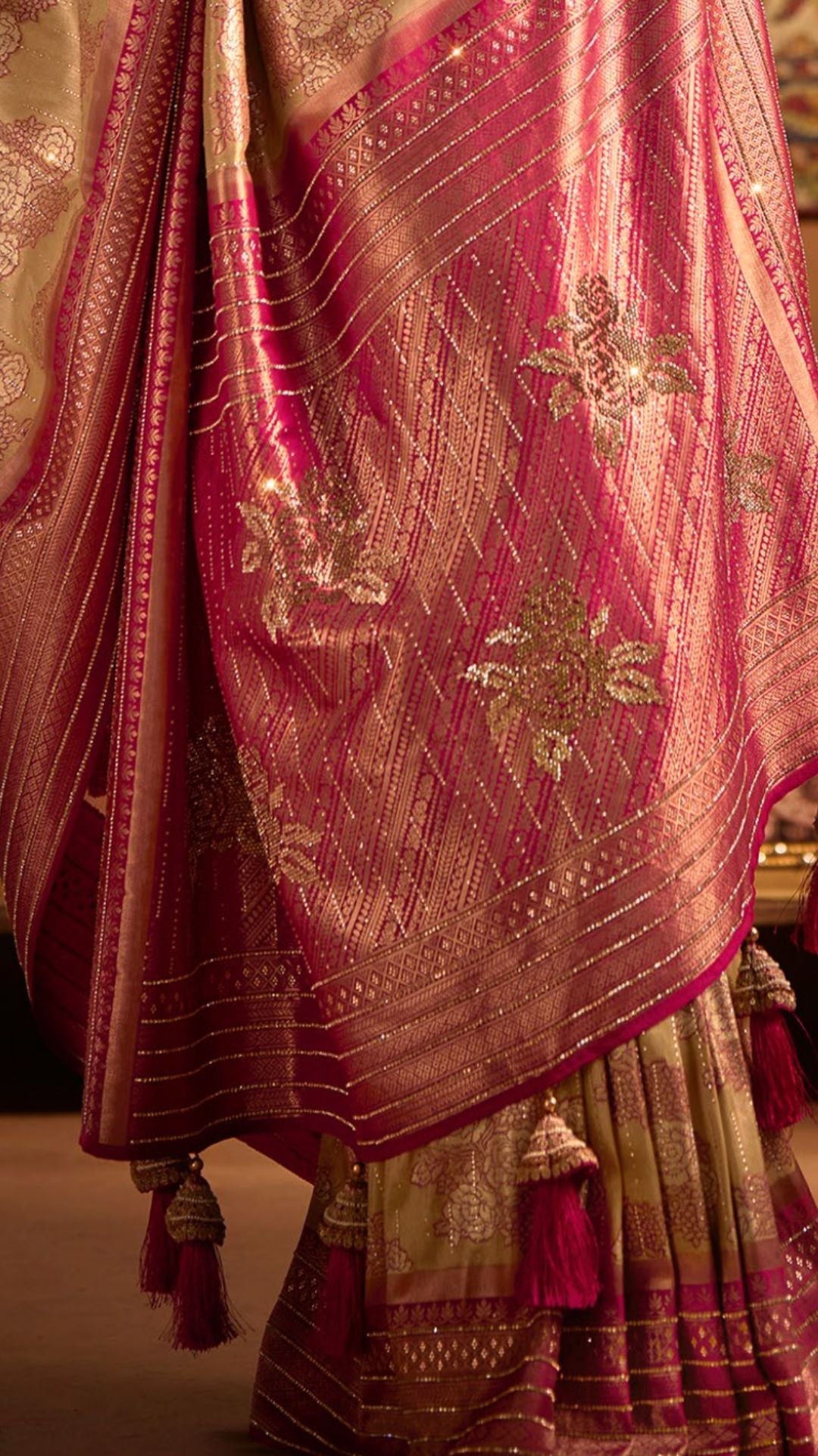 Pink and Beige Kanjiviram Silk Saree With Zarkan and Swarovski Work