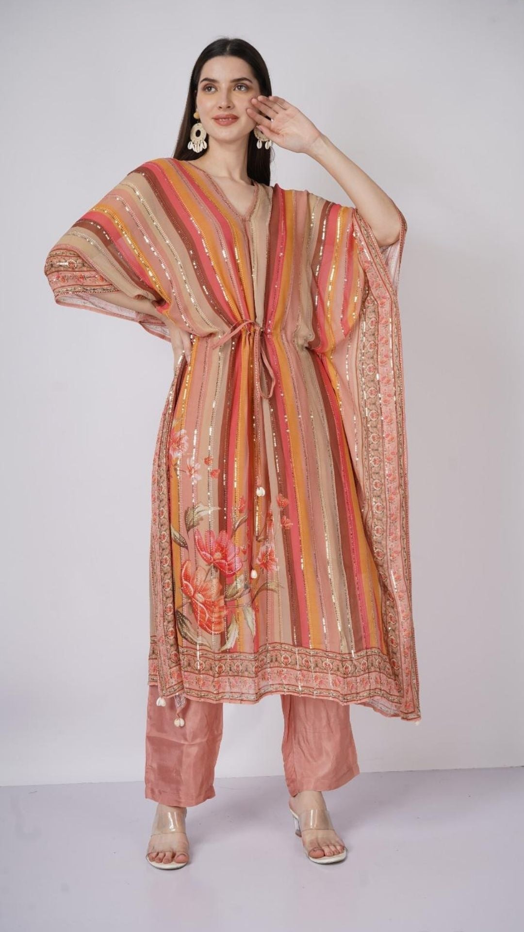 Multicolor Peach Georgette Kaaftan with Mirror and Sequins Work