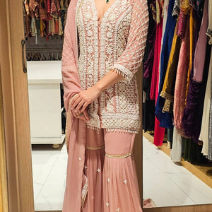 Peach Georgette Indowestern Top and Bottom with Pearl and Thread Work with Dupatta