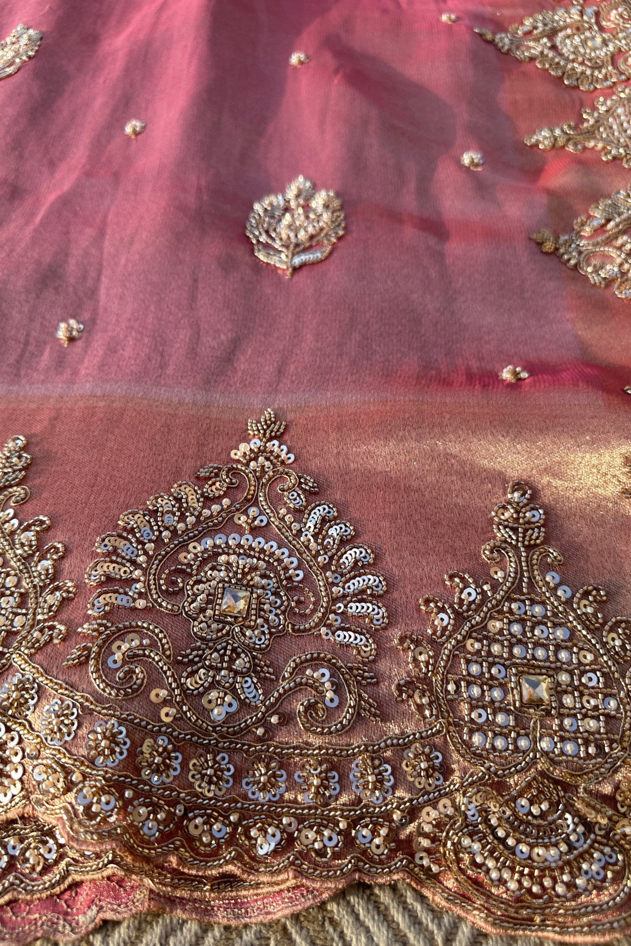 Mauve Tissue Unstitched Saree Embellished With Moti, Sequins & Cutdana