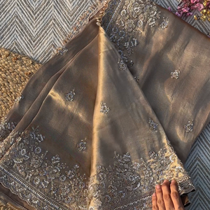 Golden Tissue Saree Embellished With Cutdana, Sequins, Pearl & Zari Work