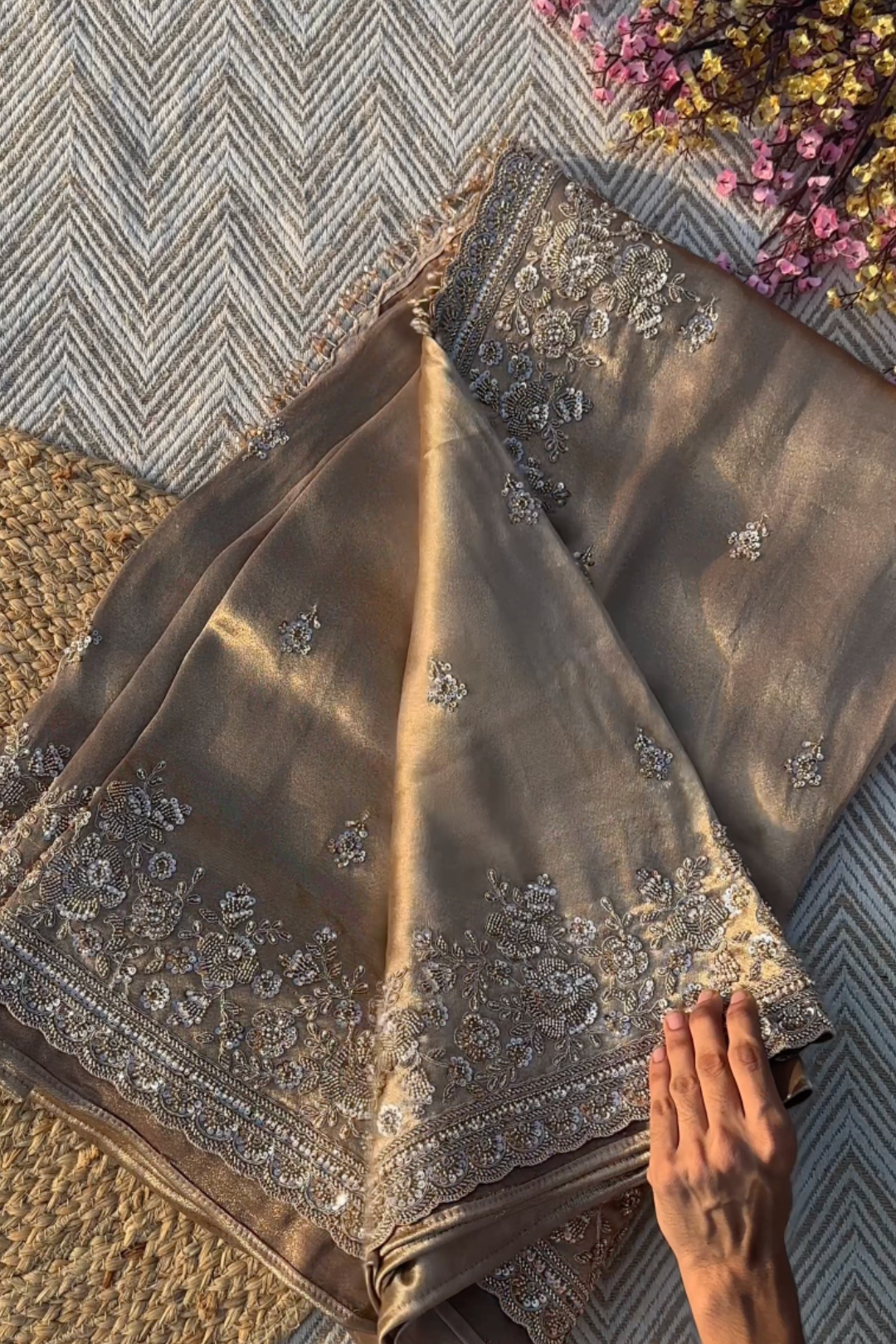 Golden Tissue Saree Embellished With Cutdana, Sequins, Pearl & Zari Work