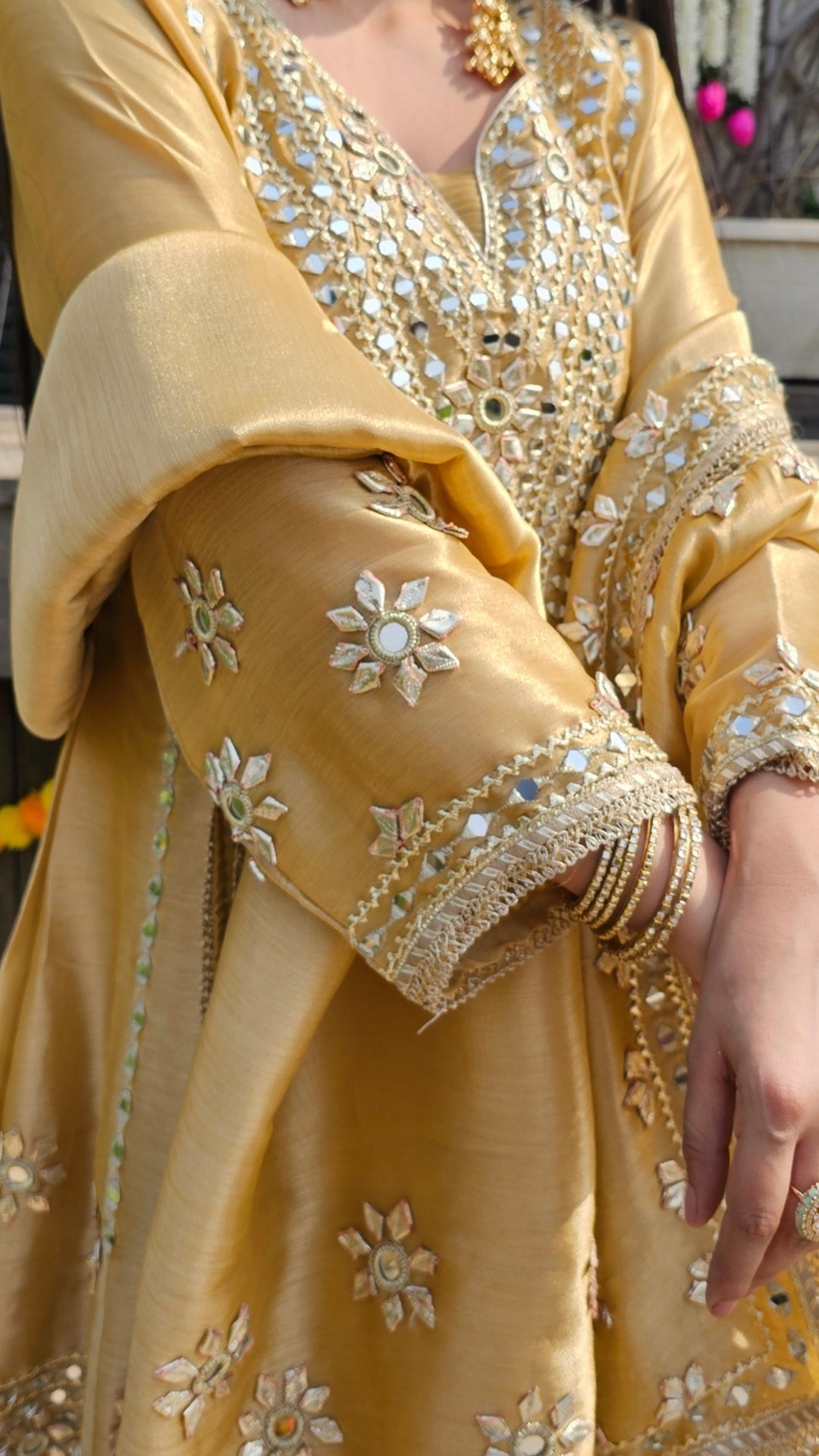 Beige Tissue Indowestern Set with Gota Patti and Mirror Work