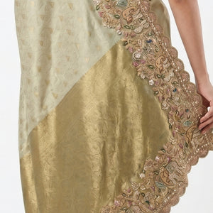 Muted Olive Gold Tissue Silk Saree Embellished with Zari, Cutdana & Zarkan Work