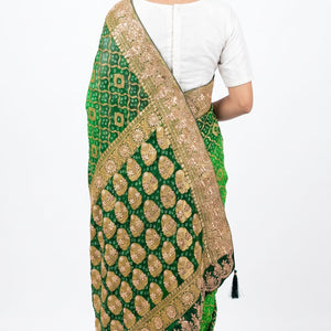 Green Pure Georgette Bandhej Unstitched Saree with Gota, Dabka & Dori Work