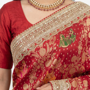 Red Georgette Unstitched Saree with Zari, Cutdana & Sequins Work and Heavy Lace Border