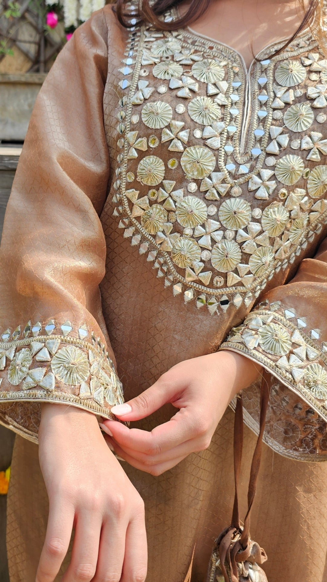 Brown Tissue Banarasi Indo-Western with Gota Patti & Mirror Work