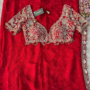 Red Organza Saree Embellished With Sequins & Cut Dana Work