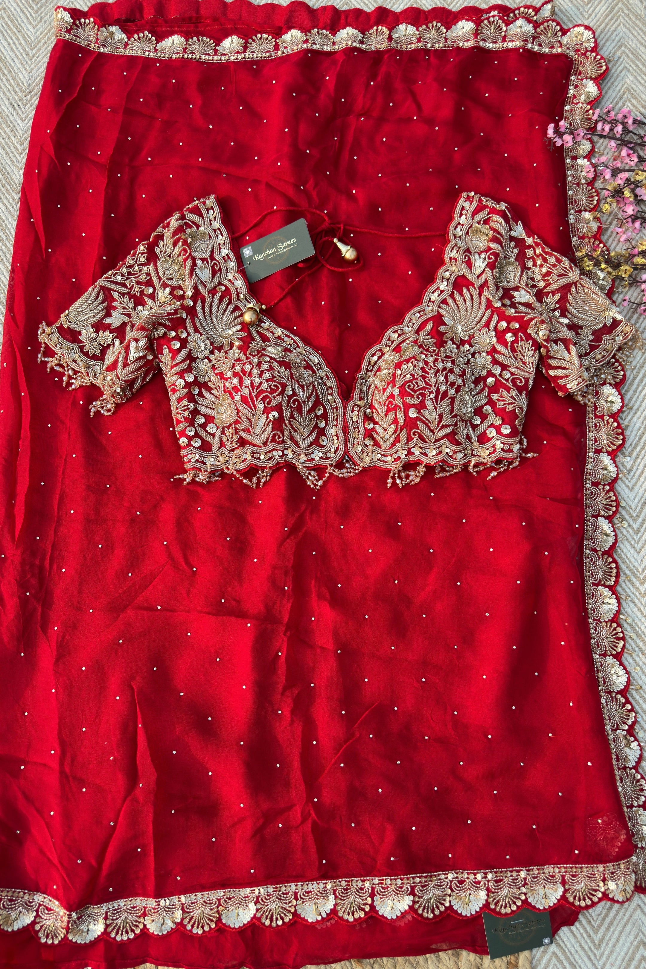 Red Organza Saree Embellished With Sequins & Cut Dana Work