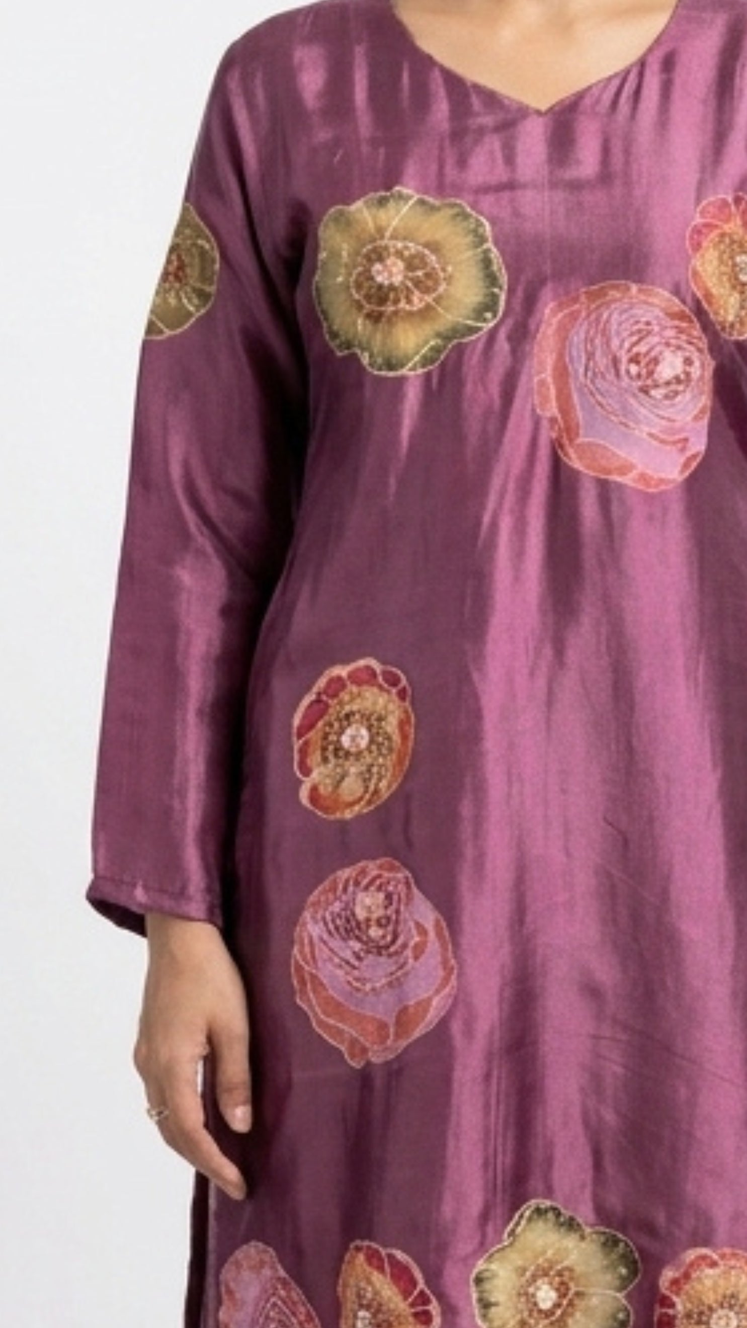 Wine Satin Crepe Suit with Zari, Sequins, Stone, Hand Print & Cutdana Detailing