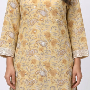 Yellow Digital Printed Cotton Suit With Thread & Patti Work