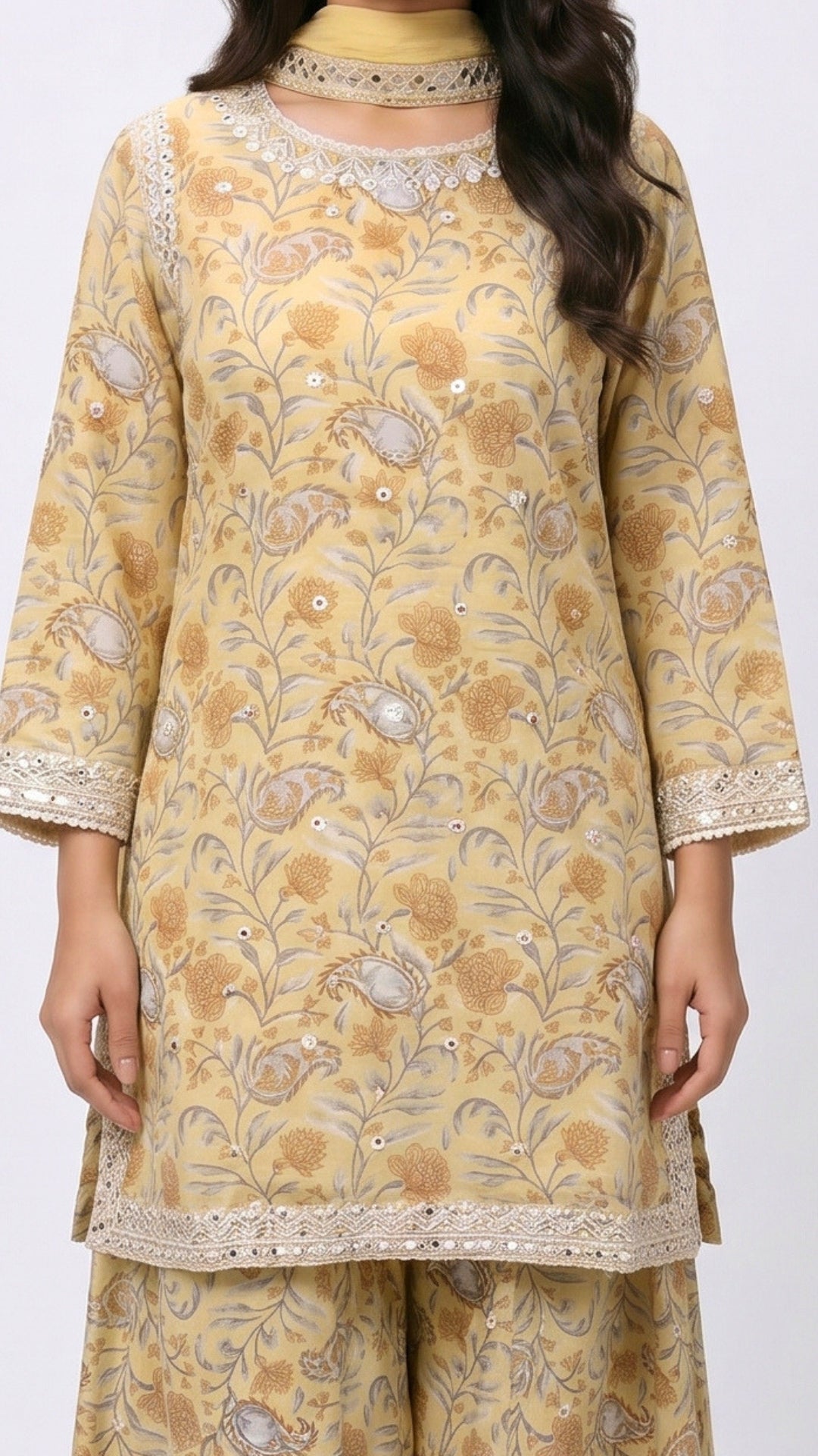 Yellow Digital Printed Cotton Suit With Thread & Patti Work