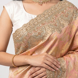 Peach Pure Banarasi Unstitched Saree with Sequins, Swarovski & Zari Work