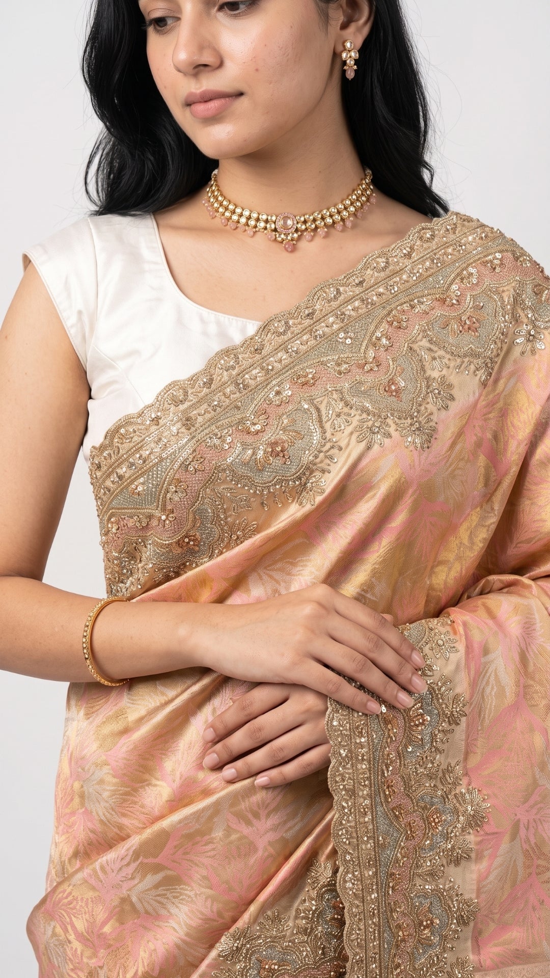 Peach Pure Banarasi Unstitched Saree with Sequins, Swarovski & Zari Work