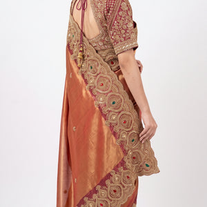 Beautiful Copper Peach Banarasi Saree Embellished With Sequins & Cut Dana Work