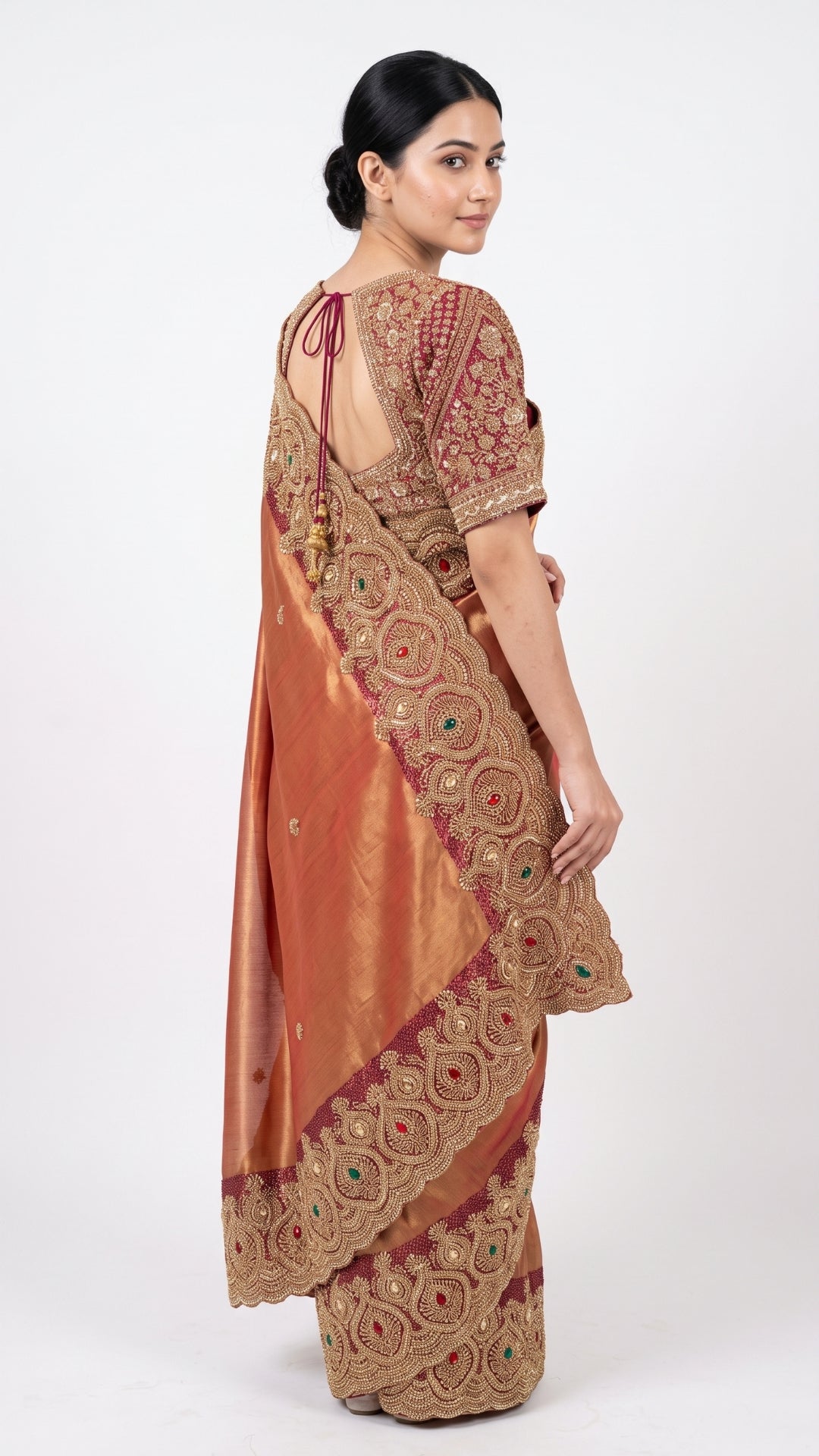Beautiful Copper Peach Banarasi Saree Embellished With Sequins & Cut Dana Work